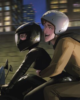 Rule 34 | 1boy, 1girl, biker clothes, bikesuit, bodysuit, dispatch, driving, helmet, highres, invisigal (dispatch), jacket, leather, leather jacket, motor vehicle, motorcycle, motorcycle helmet, on motorcycle, riding, road, robert robertson, smile, town, vutkarartist