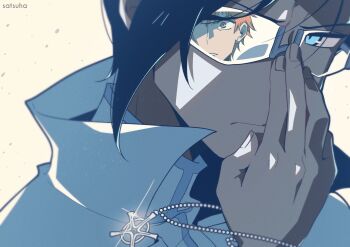 2boys adjusting_eyewear angry artist_name black_hair bleach bleach:_sennen_kessen-hen blue_eyes cape cross frown glasses glint ishida_uryuu jacket kurosaki_ichigo looking_at_another multiple_boys opaque_glasses orange_eyes orange_hair partially_opaque_glasses quincy_(bleach) satsumikan serious simple_background wandenreich_uniform white_cape white_jacket wide-eyed