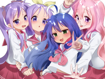 4girls :3 ahoge blue_hair bow friends glasses green_eyes gsa082rnw hair_bow highres hiiragi_kagami hiiragi_tsukasa izumi_konata long_hair lucky_star mole mole_under_eye multiple_girls neckerchief pink_hair pink_neckerchief purple_eyes purple_hair red_sailor_collar red_skirt round_eyewear ryouou_school_uniform sailor_collar school_uniform short_hair siblings sisters skirt takara_miyuki twins w white_background