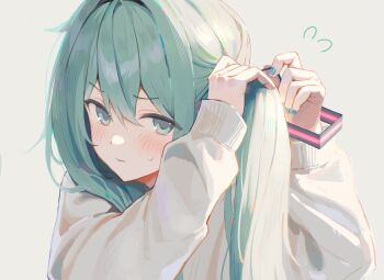 1girl aqua_eyes aqua_hair aqua_nails blush closed_mouth double-parted_bangs ec7vhub89321 fingernails grey_background hashtag-only_commentary hatsune_miku highres long_hair long_sleeves looking_at_viewer nail_polish simple_background small_sweatdrop solo sweater tying_hair upper_body vocaloid white_sweater
