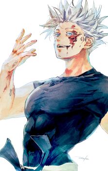 Rule 34 | 1boy, 28cg, :d, absurdres, artist name, black shirt, blue eyes, bruise, eyelashes, fingernails, gojo satoru, hair up, highres, injury, jujutsu kaisen, male focus, muscular, muscular male, open mouth, shirt, short hair, short sleeves, simple background, smile, solo, teeth, upper body, upper teeth only, white background, white hair