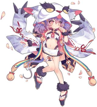 1girl animal_ear_fluff animal_ears animal_hood ankle_cuffs ark_order bell blush crop_top detached_sleeves full_body fur_cuffs geta hair_ornament hairclip hood ibex jingle_bell long_sleeves looking_at_viewer midriff miniskirt multicolored_hair nue_(ark_order) official_art purple_hair rainbow_print red_eyes red_footwear red_ribbon ribbon ribbon-trimmed_sleeves ribbon_trim shirt short_twintails sidelocks skirt solo streaked_hair tachi-e thigh_strap transparent_background twintails white_shirt white_skirt wide_sleeves wrist_cuffs