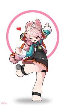 1girl animal_ear_fluff animal_ear_piercing animal_ears animal_feet arm_up black_dress braid braided_twintails bright_pupils clenched_hand commentary dress english_commentary full_body furry furry_female green_shirt hair_ornament heart highres leg_up long_hair looking_at_viewer one_eye_closed open_mouth passive408 pinafore_dress pink_fur pink_hair rabbit_ears rabbit_girl red_eyes screw shirt short_eyebrows sleeveless sleeveless_dress solo sphere_hair_ornament standing standing_on_one_leg thick_eyebrows thigh_strap white_background white_pupils zenless_zone_zero zhao_(zenless_zone_zero)