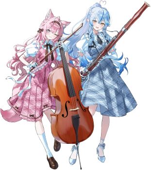 2girls absurdres ahoge animal_ear_fluff animal_ears antenna_hair black_necktie blue_dress blue_shoes bow bowtie braid brown_bow brown_bowtie brown_shoes closed_mouth dress dress_bow elbow_gloves elf full_body gloves hair_between_eyes hair_bow hakui_koyori high_heels highres holding holding_instrument hololive instrument kneehighs loafers long_hair looking_at_viewer multiple_girls necktie official_art one_eye_closed open_mouth pink_dress pink_hair pointy_ears ponytail purple_eyes shoes short_sleeves simple_background smile socks standing tail transparent_background very_long_hair virtual_youtuber white_bow white_gloves white_socks wolf_ears wolf_girl wolf_tail yellow_eyes yukihana_lamy