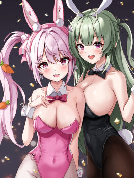 absurdres alice_(nikke) alice_(wonderland_bunny)_(nikke) animal_ear_hairband animal_ears black_bow black_bowtie black_leotard black_pantyhose bow bowtie breasts carrot_hair_ornament covered_navel detached_collar fake_animal_ears food-themed_hair_ornament goddess_of_victory:_nikke green_hair hair_ornament hairband highres large_breasts leotard long_hair looking_at_viewer name_tag_hair_ornament neon_(hhs9444) one_side_up pantyhose pink_bow pink_bowtie pink_eyes pink_hair pink_leotard playboy_bunny rabbit_ears rabbit_tail soda_(nikke) soda_(twinkling_bunny)_(nikke) strapless strapless_leotard tail twintails very_long_hair white_pantyhose white_wrist_cuffs wrist_cuffs