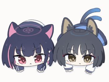 2girls animal_ear_fluff animal_ears animated animated_gif black_hair blue_archive blue_halo blue_skirt cat_ears cat_tail chibi chibi_only closed_mouth commentary_request fighting_stance gradient_tail halo imminent_pounce jacket kazusa_(blue_archive) kikyou_(blue_archive) light_frown long_sleeves looking_at_viewer medium_hair multicolored_hair multiple_girls multiple_tails no_nose parted_bangs pink_hair pink_halo red_eyes red_pupils shirt skirt striped_clothes striped_jacket tail umihio vertical-striped_clothes vertical-striped_jacket white_shirt white_skirt