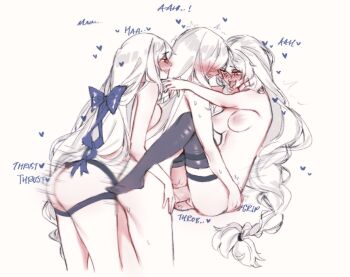 Rule 34 | 1futa, 2girls, arknights, assertive female, black thighhighs, blue bow, bow, breasts, commentary, dildo, dual persona, english commentary, ffd threesome, futa with female, futanari, girl sandwich, group sex, hair bow, large breasts, multiple girls, nipples, no shoes, orz (kagewaka), penetration while penetrated, penis, sandwiched, sex, sex from behind, sex toy, sharp teeth, simple background, skadi (arknights), specter (arknights), specter the unchained (arknights), strap-on, teeth, thighhighs, threesome, uncensored, white background