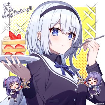 3girls :d ^_^ black_dress black_hairband black_jacket black_shirt black_shoes blue_bow blue_eyes blue_hair blush bow cake cake_slice character_request chibi closed_eyes closed_mouth collared_shirt commentary_request confetti dated dress dress_shirt fang food fork futaboshi_kirara futaboshi_subaru grey_hair hair_between_eyes hairband halftone halftone_background happy_birthday highres holding holding_fork holding_plate jacket loafers long_hair low_twintails multiple_girls open_mouth party_popper pinafore_dress plate shirt shoes siblings sisters sleeveless sleeveless_dress smile socks sparkle standing standing_on_one_leg streamers t@ke-g twins twintails twitter_username two_side_up uta_no_princess-sama_back_to_the_idol very_long_hair white_background white_shirt white_socks yellow_background