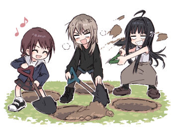 3girls ^_^ ahoge anger_vein awa_subaru black_boots black_hair black_pantyhose black_socks black_sweater blue_jacket boots brown_hair brown_shoes brown_skirt classroom closed_eyes commentary_request digging dirt girls_band_cry grey_hair hair_ribbon highres hole iseri_nina jacket kawaragi_momoka long_hair long_sleeves low_twintails multiple_girls musical_note open_mouth pantyhose pantyhose_under_shorts plaid_clothes plaid_skirt red_skirt ribbon shirt shoes short_hair short_twintails shorts shovel sidelocks skirt sleeveless sleeveless_shirt socks sweater twintails white_shirt yukitake_(xuserpost)