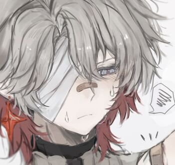 Rule 34 | 1boy, bandage on face, bandaged head, bandages, blue eyes, commentary request, earrings, frown, genshin impact, highres, illuga (genshin impact), jewelry, multicolored hair, red pupils, ruiseru 080, solo, solo focus, speech bubble, sweat, sweatdrop, white background