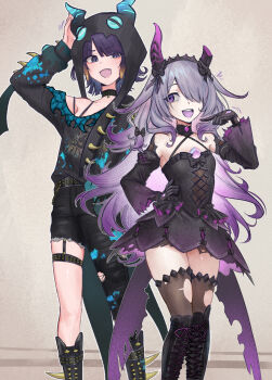 2girls :d absurdres asymmetrical_clothes belt black_choker black_dress black_gloves black_pants black_sweater boots broken_horn brown_thighhighs cd_usr character_hat chest_jewel choker commentary criss-cross_halter denim detached_sleeves dress english_commentary fake_horns fang flat_chest garter_straps gloves grey_background grey_hair hair_over_one_eye hair_ribbon halter_dress halterneck hand_on_own_hip highres hololive hololive_english horns juliet_sleeves knee_boots koseki_bijou koseki_bijou_(gore_magala) lace-up_boots long_sleeves looking_at_another multiple_girls ninomae_ina'nis ninomae_ina'nis_(nu_udra) open_mouth paint_on_clothes paint_splatter pants puffy_sleeves purple_eyes purple_hair ribbon short_hair single_pantsleg sleeveless sleeveless_dress smile spiked_boots spiked_sleeves standing sweater sweater_partially_tucked_in tentacle_hair thighhighs torn_clothes torn_pants torn_thighhighs tress_ribbon virtual_youtuber zettai_ryouiki