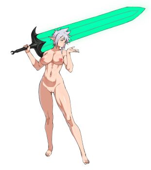 Rule 34 | 1girl, axl crow, blowing kiss, blue eyes, breasts, commentary, completely nude, demonherd, english commentary, full body, grey hair, highres, holding, holding sword, holding weapon, huge weapon, large breasts, navel, nipples, nude, parted lips, pointy ears, pussy, seyhla (demonherd), short hair, simple background, solo, standing, sword, weapon, white background