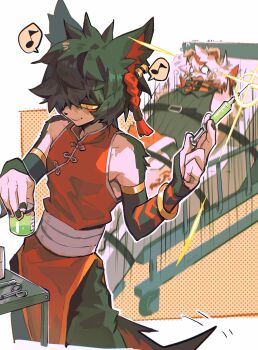 2boys aak_(arknights) absurdres arknights bed blank_eyes bound braid colored_sclera flying_sweatdrops furry furry_male halftone halftone_background highres holding holding_jar holding_syringe horns hospital_bed hung_(arknights) jar male_focus multicolored_hair multiple_boys musical_note mythological_creature o_o scared shirt single_horn sleeveless sleeveless_shirt speech_bubble spoken_musical_note streaked_hair struggling syringe tearing_up xiao_(creation0528) yellow_sclera