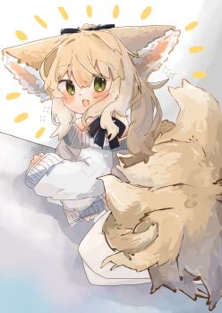 1girl :d animal_ear_fluff animal_ears arknights black_ribbon blonde_hair blush commentary_request dot_nose dress fang fox_ears fox_girl fox_tail from_above full_body green_eyes hair_between_eyes highres indoors kitsune kyuubi long_hair long_sleeves looking_at_viewer mokoo_rokoo multiple_tails off_shoulder on_floor open_mouth ribbon skin_fang sleeves_past_wrists smile solo sparkle suzuran_(arknights) tail white_dress