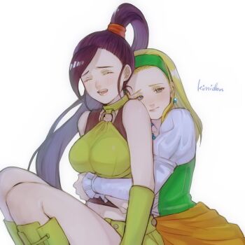 Rule 34 | 2girls, artist name, bead necklace, beads, black tank top, blonde hair, boots, breasts, closed eyes, colored eyelashes, commentary request, couple, dragon quest, dragon quest xi, dress, earrings, green dress, green footwear, green hairband, hair pulled back, hairband, half-closed eyes, head on another's back, high ponytail, hug, hug from behind, jewelry, juliet sleeves, kimidori (kimidoriri), knee boots, large breasts, long hair, long sleeves, martina (dq11), midriff, multiple girls, necklace, o-ring, o-ring top, open mouth, ponytail, puffy sleeves, purple eyes, purple hair, senya (dq11), shirt, shirt under dress, sitting, smile, sphere earrings, tank top, white background, white shirt, yuri