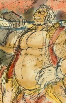 1boy abs amatsumara_(housamo) bara belly cowboy_shot eyebrow_cut facial_hair goatee kumagamike large_hands large_pectorals mature_male muscular muscular_male nipples old old_man pectorals scar scar_across_eye scar_on_face short_hair sketch smile solo sparse_chest_hair standing strongman_waist thick_eyebrows tokyo_houkago_summoners tsurime