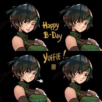 1girl absurdres armor black_bow black_hair bow breasts character_name chest_strap closed_mouth cross_scar dated facial_scar final_fantasy final_fantasy_vii fumezu1 furrowed_brow green_headband green_shirt hair_between_eyes happy_birthday hashtag-only_commentary headband highres looking_at_viewer medium_breasts multiple_views one_eye_closed open_mouth pauldrons scar scar_on_cheek scar_on_face shirt short_hair shoulder_armor single_bare_shoulder single_pauldron sleeveless sleeveless_turtleneck tongue tongue_out turtleneck upper_body yuffie_kisaragi