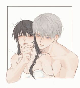 1boy 1girl bare_shoulders black_hair blue_eyes blush border breasts brown_eyes couple grey_hair hair_between_eyes hand_on_another&#039;s_chin heavy_breathing hetero highres love_and_deepspace medium_breasts one_eye_closed orihara0820 parted_lips protagonist_(love_and_deepspace) shirt spaghetti_strap strap_slip tears topless_male upper_body white_background white_border white_shirt xavier_(love_and_deepspace)