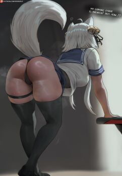 1girl anger_vein animal_ears ass ass_focus bell breasts cameltoe filian_(vtuber) from_behind hair_bell hair_ornament huge_ass indie_virtual_youtuber leaning leaning_forward long_hair miniskirt oroborus pleated_skirt school_uniform sideboob skirt solo sweat tail thick_thighs thighhighs thighs thong very_long_hair virtual_youtuber white_hair wolf_ears wolf_girl wolf_tail