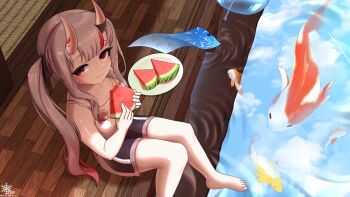 1girl :3 absurdres artist_logo artist_name barefoot camisole discord_username eating feet fish food from_above fruit gym_shorts hair_between_horns highres hololive horns logo nakiri_ayame outdoors shorts sweat tagme toes tsp twitter_username virtual_youtuber water watermelon watermelon_slice