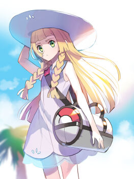 1girl arm_up bag blonde_hair blue_sky braid closed_mouth cloud day dress eihi green_eyes hat lillie_(pokemon) long_hair nintendo outdoors pokemon pokemon_sm side_braids sky sleeveless sleeveless_dress solo sun_hat sundress tree white_dress