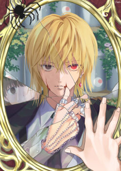 1boy absurdres against_glass black_jacket black_necktie blonde_hair blood blood_on_face broken_mirror brown_eyes bug chain collared_shirt crack cracked_glass earrings eyeball fingernails formal_clothes frown gem hair_between_eyes heterochromia highres hunter_x_hunter jacket jewelry kurapika liquid long_sleeves looking_at_viewer male_focus minato_x3710 mirror multiple_rings necktie pairo pov pov_hands red_eyes red_gemstone reflection reflection_focus ring shirt short_hair signature single_earring solo spider split_theme suit tube upper_body white_shirt wiping_blood