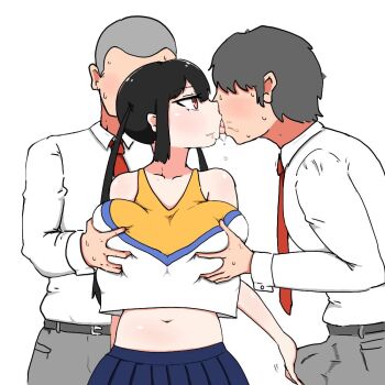 1girl 2boys belt black_hair blue_skirt breasts bulge cheerleader collarbone collared_shirt commentary_request cowboy_shot crop_top deep_skin erection erection_under_clothes expressionless faceless faceless_male grabbing_another&#039;s_breast grabbing_from_behind grey_belt grey_hair grey_pants groping handjob handjob_over_clothes huge_breasts jitome kiss long_hair long_sidelocks long_sleeves madoro mamiya_hina multiple_boys navel necktie original pants pleated_skirt profile red_eyes red_necktie school_uniform shirt short_hair sidelocks simple_background skirt standing sweat tongue tongue_out tsurime twintails very_short_hair white_background white_shirt