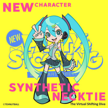 1girl aqua_nails aqua_necktie artist_name blue_eyes blue_hair blue_skirt boots commission crossover detached_sleeves hatsune_miku highres logo looking_at_viewer necktie panty_&amp;_stocking_with_garterbelt panty_&amp;_stocking_with_garterbelt_(style) parody skirt style_parody tehnutball twintails v vocaloid yellow_background