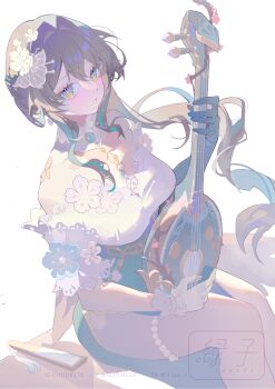 Rule 34 | 1girl, absurdres, aqua eyes, asymmetrical gloves, black hair, breasts, dress, fishnet veil, floral print, folded fan, folding fan, gem, gloves, hair ornament, hand fan, hashtag-only commentary, highres, holding, holding instrument, honkai: star rail, honkai (series), instrument, luzi/fengli nanzi, medium breasts, multicolored hair, off shoulder, official alternate costume, ruan mei (honkai: star rail), ruan mei (plumblossom letter) (honkai: star rail), sitting, streaked hair, thigh strap, two-tone dress, uneven gloves, white background