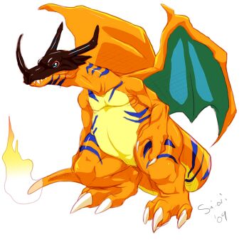 00s 2009 charizard claws crossover dated digimon digimon_(creature) fangs fire flame-tipped_tail fusion gen_1_pokemon greymon horns nintendo no_humans pokemon pokemon_(creature) tail wings
