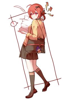 ! 1girl :3 absurdres bag bag_charm bat_hair_ornament black_bag black_bow black_skirt black_socks bow brown_shoes cardigan character_charm charm_(object) from_side full_body furrowed_brow gabriel_dropout hair_bow hair_ornament hair_rings highres holding holding_paper kneehighs loafers looking_at_viewer medium_hair miniskirt paper paper_stack red_eyes red_hair satanichia_kurumizawa_mcdowell school_uniform shoes shoulder_bag shout_lines skirt socks solo speech_bubble spoken_exclamation_mark sweat vignette_tsukinose_april walking white_background yangwu_uriel yellow_cardigan