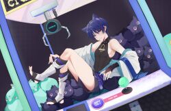 Rule 34 | 1boy, androgynous, armpit crease, armpits, bare shoulders, black shirt, blue hair, bridal gauntlets, character name, chobonu, dutch angle, foot up, full body, genshin impact, highres, in crane game, japanese clothes, leg warmers, legs, looking at viewer, male focus, no shoes, off shoulder, purple eyes, scaramouche (genshin impact), shirt, short hair, short shorts, shorts, skin tight, sleeveless, sleeveless shirt, solo, stirrup legwear, stuffed animal, stuffed cat, stuffed toy, sweatdrop, thighs, toeless legwear, toes, toned, toned male, wanderer (genshin impact), wide sleeves