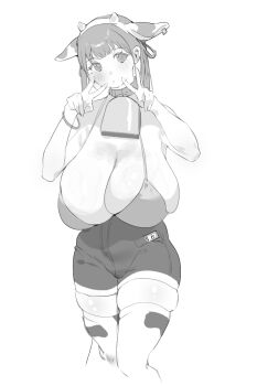 1girl animal_ear_hairband animal_ears animal_print bell bikini bikini_top_only borrowed_character breasts cleavage closed_mouth commentary cow_ear_hairband cow_ears cow_girl cow_horns cow_print cow_print_thighhighs cowbell double_v earrings fake_animal_ears fake_horns fanged_bangs feet_out_of_frame futao_miruku_(riki) greyscale hair_ribbon hairband hands_up hoop_earrings horn_hairband horns huge_breasts inushima jewelry long_hair mole mole_under_eye monochrome neck_bell original print_thighhighs ribbon sagging_breasts short_shorts shorts simple_background skindentation solo swimsuit thighhighs twintails v white_background wristband