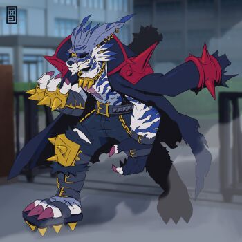 Rule 34 | 1boy, absurdres, addriano divino, banchou, black coat, black hat, black pants, blurry, blurry background, brass knuckles, chain, coat, coat on shoulders, delinquent, digimon, digimon (creature), fangs, glint, hat, highres, knee pads, male focus, outdoors, pants, solo, spiked kneepads, spiked knuckles, sunglasses, weapon, weregarurumon, werewolf
