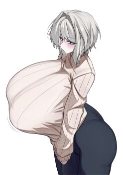 1girl absurdres alternate_breast_size_(larger) ass blush bouncing_breasts breasts denim faust_(project_moon) from_above from_side gigantic_breasts hair_between_eyes highres jeans k_dhen limbus_company looking_at_another looking_up medium_hair own_hands_together pants project_moon ribbed_sweater shy sidelocks solo sweater turtleneck turtleneck_sweater white_hair wide_hips