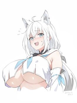 1girl ahoge alternate_breast_size_(larger) animal_ear_fluff animal_ear_piercing animal_ears bare_shoulders blush braid breasts commentary_request covered_erect_nipples dated detached_sleeves fox_ears fox_girl green_eyes highres hololive huge_breasts long_hair looking_at_viewer no_bra open_mouth seo_tatsuya shirakami_fubuki shirakami_fubuki_(1st_costume) shirt_overhang side_braid simple_background smile solo twitter_username underboob virtual_youtuber white_background white_hair