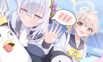 2girls absurdres against_glass azusa_(blue_archive) blonde_hair blue_archive blue_sailor_collar blurry cheek_squash chinese_commentary commentary_request depth_of_field grey_hair halo hands_up hifumi_(blue_archive) highres jing_(947728534) long_hair looking_at_viewer low_twintails multiple_girls neckerchief open_mouth peroro_(blue_archive) purple_eyes sailor_collar school_uniform smile solid_oval_eyes spoken_blush stuffed_animal stuffed_toy twintails upper_body yellow_eyes yellow_halo yellow_neckerchief