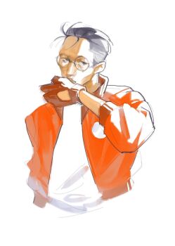 1boy black_hair bomber_jacket disco_elysium expressionless glasses gloves hand_on_own_face head_tilt highres jacket kim_kitsuragi looking_at_viewer male_focus orange_gloves orange_jacket shirt short_hair sidelighting solo t-shirt uni_barti upper_body white_shirt wiping_mouth