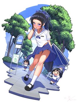 Rule 34 | 1boy, 2others, absurdres, androgynous, bag, black footwear, black hair, blue bow, blue bowtie, blue skirt, blue sky, blunt bangs, blush, borrowed character, bow, bowtie, crossdressing, hadaparuka, hair ribbon, high ponytail, highres, long hair, mary janes, multiple others, open mouth, original, outdoors, pleated skirt, ponytail, purple eyes, ribbon, sailor collar, school uniform, serafuku, shirt, shoes, short sleeves, skirt, sky, smile, socks, standing, transparent background, trap, white shirt, white socks