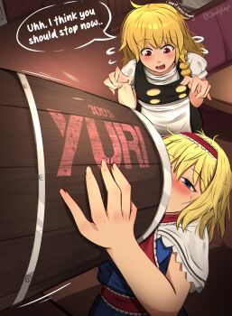 Rule 34 | 2girls, absurdres, alice margatroid, apron, barrel, blonde hair, blue dress, blue eyes, blush, braid, capelet, cloudykeyz, commentary, dress, english commentary, english text, frilled hairband, frills, hairband, highres, indoors, kirisame marisa, lolita hairband, long hair, multiple girls, open mouth, red eyes, red hairband, short hair, short sleeves, side braid, single braid, speech bubble, touhou, waist apron, white capelet