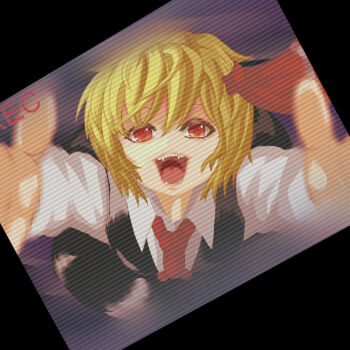 1girl ascot black_skirt black_vest blonde_hair collared_shirt long_sleeves looking_at_viewer open_mouth reaching reaching_towards_viewer recording red_ascot red_eyes rumia sharp_teeth shika_miso shirt short_hair skirt skirt_set smile solo static teeth touhou upper_body vest white_shirt