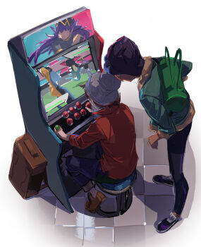 2boys absurdres arcade_cabinet bag beanie black_pants brown_footwear brown_hair cable_knit collared_shirt dark-skinned_male dark_skin dragapult duffel_bag fur-trimmed_jacket fur_trim gen_8_pokemon green_bag green_jacket grey_headwear hat health_bar highres holding hop_(pokemon) inteleon jacket leon_(pokemon) looking_down male_focus multiple_boys na1_pkmn nintendo pants playing_games pokemon pokemon_swsh red_shirt shirt shoes short_hair sitting sleeves_rolled_up stool tile_floor tiles unworn_bag victor_(pokemon)