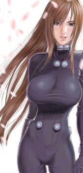 1girl absurdres black_bodysuit blurry blush bodysuit breasts brown_eyes brown_hair cowboy_shot gantz gantz_suit highres huge_breasts latex latex_bodysuit lips long_hair looking_at_viewer official_art oku_hiroya parted_lips petals pink_lips pink_petals shimohira_reika sidelocks simple_background skin_tight smile solo standing teeth white_background