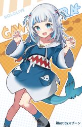 Rule 34 | 1girl, artist name, blue eyes, blue hair, blue hoodie, blue nails, blue socks, blunt bangs, blush, character name, choppy bangs, claw pose, commentary, copyright name, english commentary, fins, fish tail, gawr gura, gawr gura (1st costume), gradient sleeves, grey hair, hair ornament, highres, hololive, hololive english, hood, hood down, hoodie, long hair, long sleeves, looking at viewer, multicolored hair, nail polish, no pants, open mouth, shark hair ornament, shark tail, sharp teeth, shoes, sneakers, socks, solo, spoon kitty, streaked hair, tail, teeth, two side up, virtual youtuber, white footwear, wide sleeves