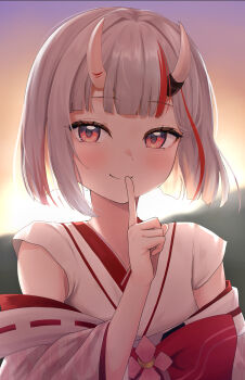 1girl absurdres blurry blurry_background bob_cut center-flap_bangs closed_mouth commentary_request finger_to_mouth grey_hair hair_between_horns hand_up highres hololive horns japanese_clothes kakinotane_e kimono looking_at_viewer nakiri_ayame nakiri_ayame_(shrine_maiden) off_shoulder official_alternate_costume oni outdoors pink_kimono print_kimono red_streaks short_hair shushing skin-covered_horns smile solo straight-on upper_body virtual_youtuber white_kimono wide_sleeves yagasuri