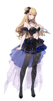 1girl absurdres alicia_blanche black_dress black_pantyhose black_shoes blonde_hair blue_eyes breasts cleavage clothing_cutout dress full_body high_heels highres large_breasts long_hair looking_at_viewer navel_cutout official_alternate_costume official_art pantyhose see-through_pantyhose shoes simple_background solo solo_leveling solo_leveling:_arise transparent_background