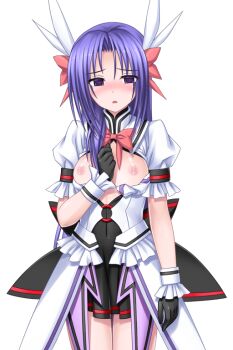 1girl black_gloves blush bow breasts breasts_out empty_eyes game_cg gloves higuchi_isami large_variant_set long_hair magical_girl mahou_shoujo_sae murakami_shizuru nipples non-web_source official_art open_mouth purple_eyes purple_hair ribbon skirt small_breasts solo transparent_background variant_set