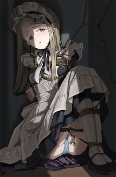 1girl alternate_costume apron bdsm black_dress black_shoes blue_panties bondage bound breasts commentary_request dress enmaided gakuen_idolmaster highres idolmaster itou_tatsuya long_hair looking_at_viewer maid maid_apron maid_headdress orange_eyes panties shibari shibari_over_clothes shinosawa_hiro shoes sidelocks small_breasts solo tearing_up thighhighs underwear white_apron white_thighhighs