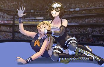 Rule 34 | 2girls, ariekums, black hair, blonde hair, boots, clenched teeth, closed eyes, collarbone, commentary, english commentary, fighting, fishnets, highres, lace-up boots, leotard, long hair, multiple girls, original, sailor collar, short hair, submission hold, sweat, teeth, wrestling, wrestling outfit, wrestling ring