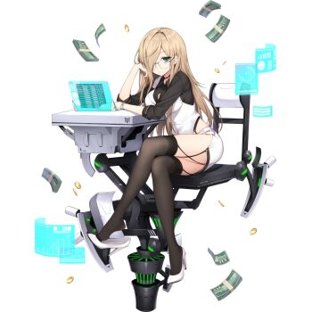 Rule 34 | 1girl, artist request, banknote, black choker, black collar, black shirt, black thighhighs, blonde hair, buttons, chair, choker, coin, collar, collared shirt, collared vest, cross-laced straps, dollar bill, dress shirt, falling money, final gear, frown, full body, glasses, gold coin, graph, green eyes, hair over one eye, head on hand, high heels, highres, long hair, long sleeves, money, neplim (final gear), official art, on chair, petticoat, rimless eyewear, round eyewear, screen, shirt, shorts, simple background, sitting, sleeve cuffs, slip showing, solo, strap, tachi-e, thighhighs, third-party source, three-quarter sleeves, transparent background, very long hair, vest, white collar, white footwear, white shorts, white vest, wristband